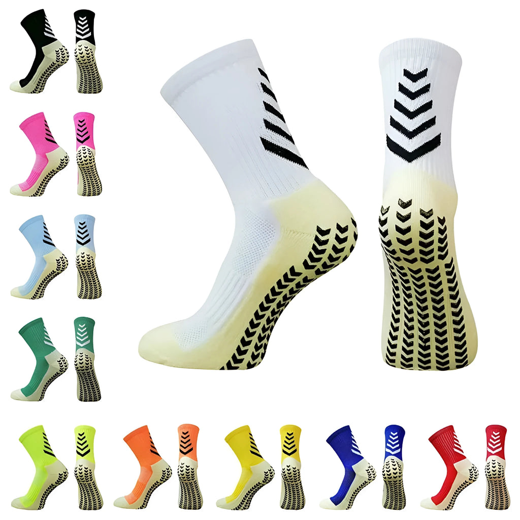 Men's athletic mid-calf socks with geometric arrow patterns and non-slip silicone grip