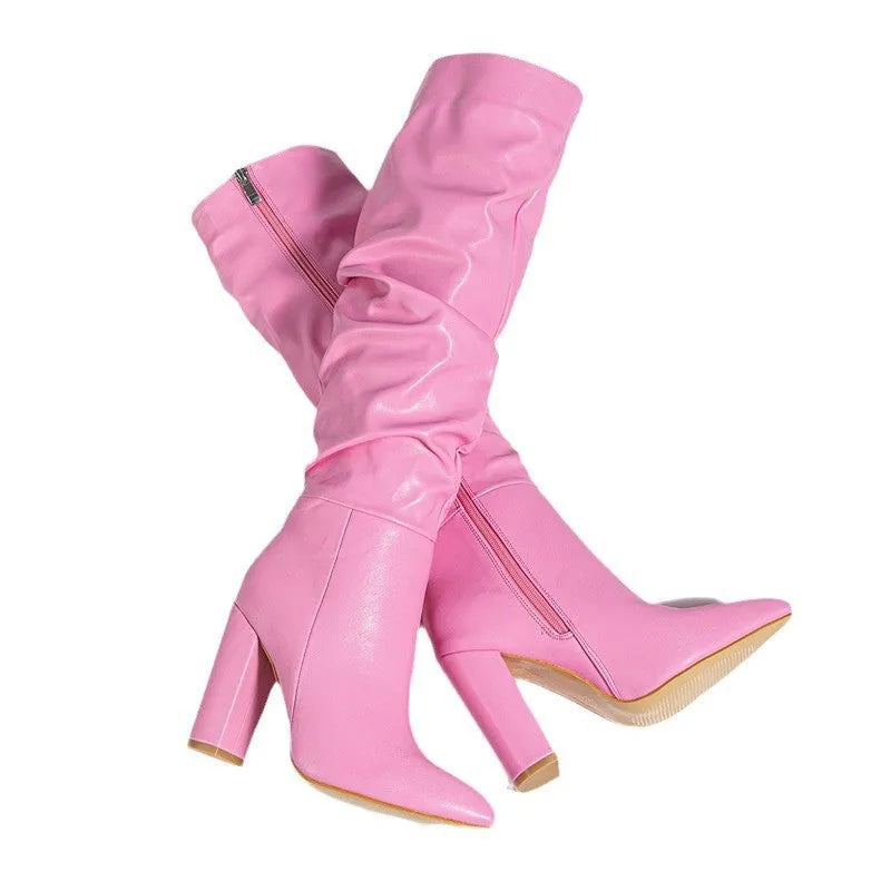Women's pink pointed toe high-heel ankle boots with side zip closure