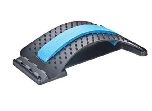 A blue and black adjustable back stretcher with 8 massage heads in a rectangular trapezoid shape for waist and back pain relief.