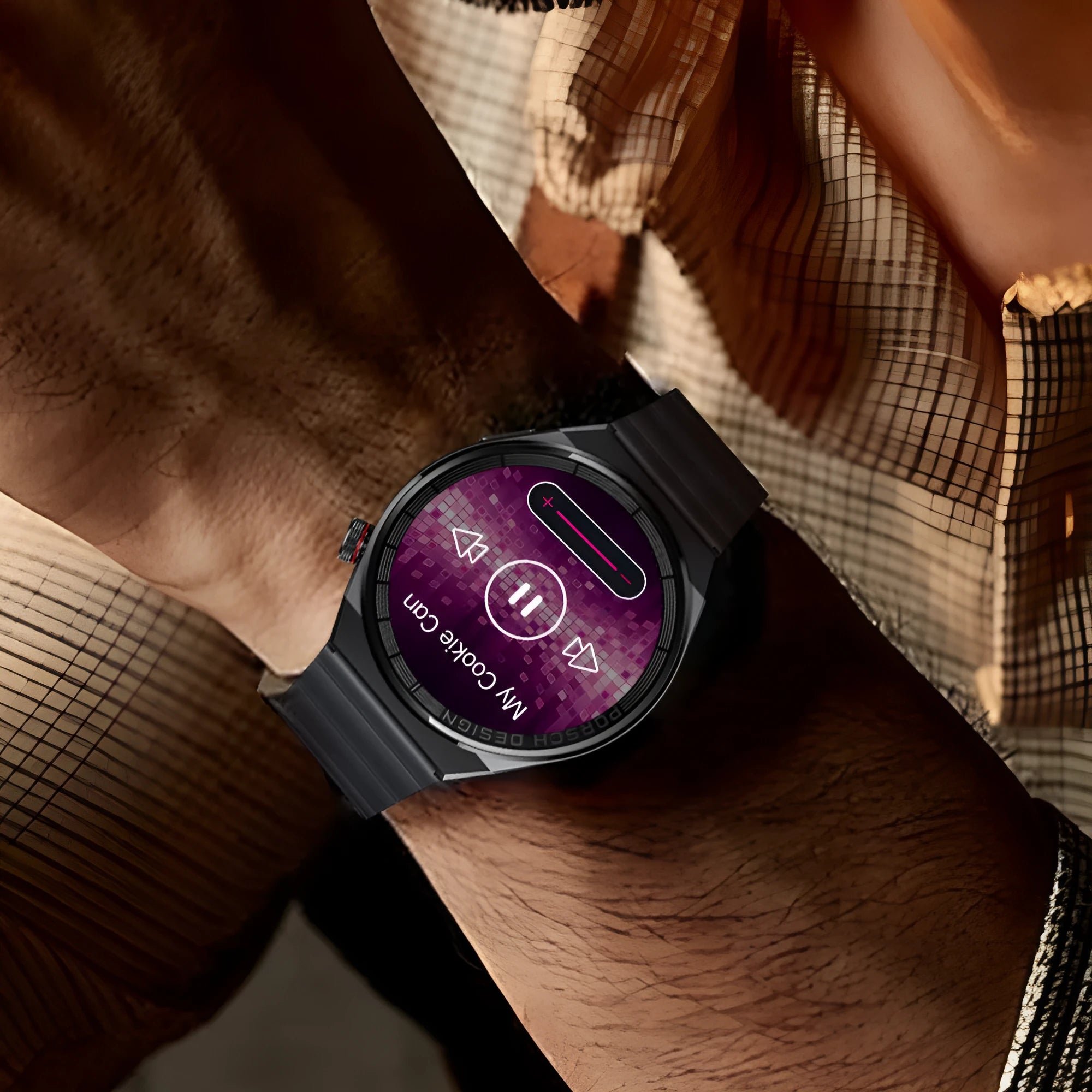 Black stainless steel smartwatch with black silicone strap showing a 1.39-inch circular touchscreen display.