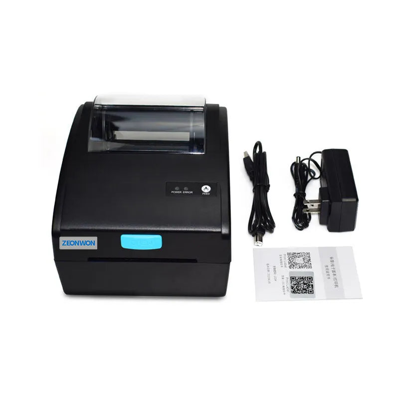 White heat-sensitive label printer with Bluetooth and USB connectivity, compact 200mm wide design