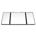 Silver portable folding car mirror shown both closed and open to double its length.