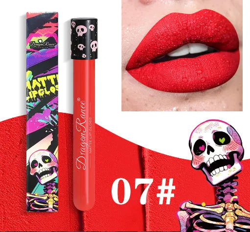 Halloween creative makeup DR160 skull test tube lip gloss in gold silver retro matte finish.
