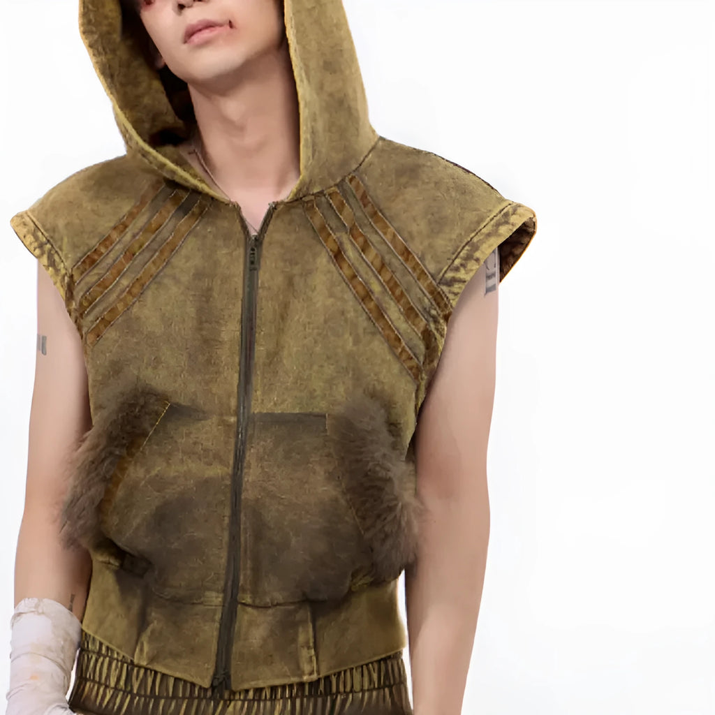 Korean style sleeveless hooded vest and matching trousers two-piece set in black/grey or yellow