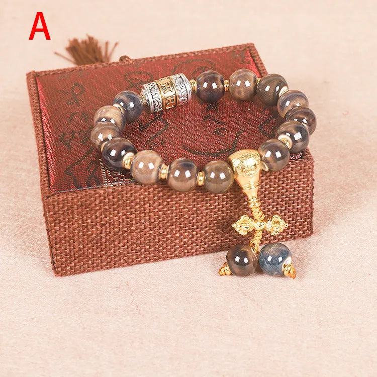 Men's ceramic gradient bead Buddhist charm bracelet with coloured glaze, approximately 13mm diameter.