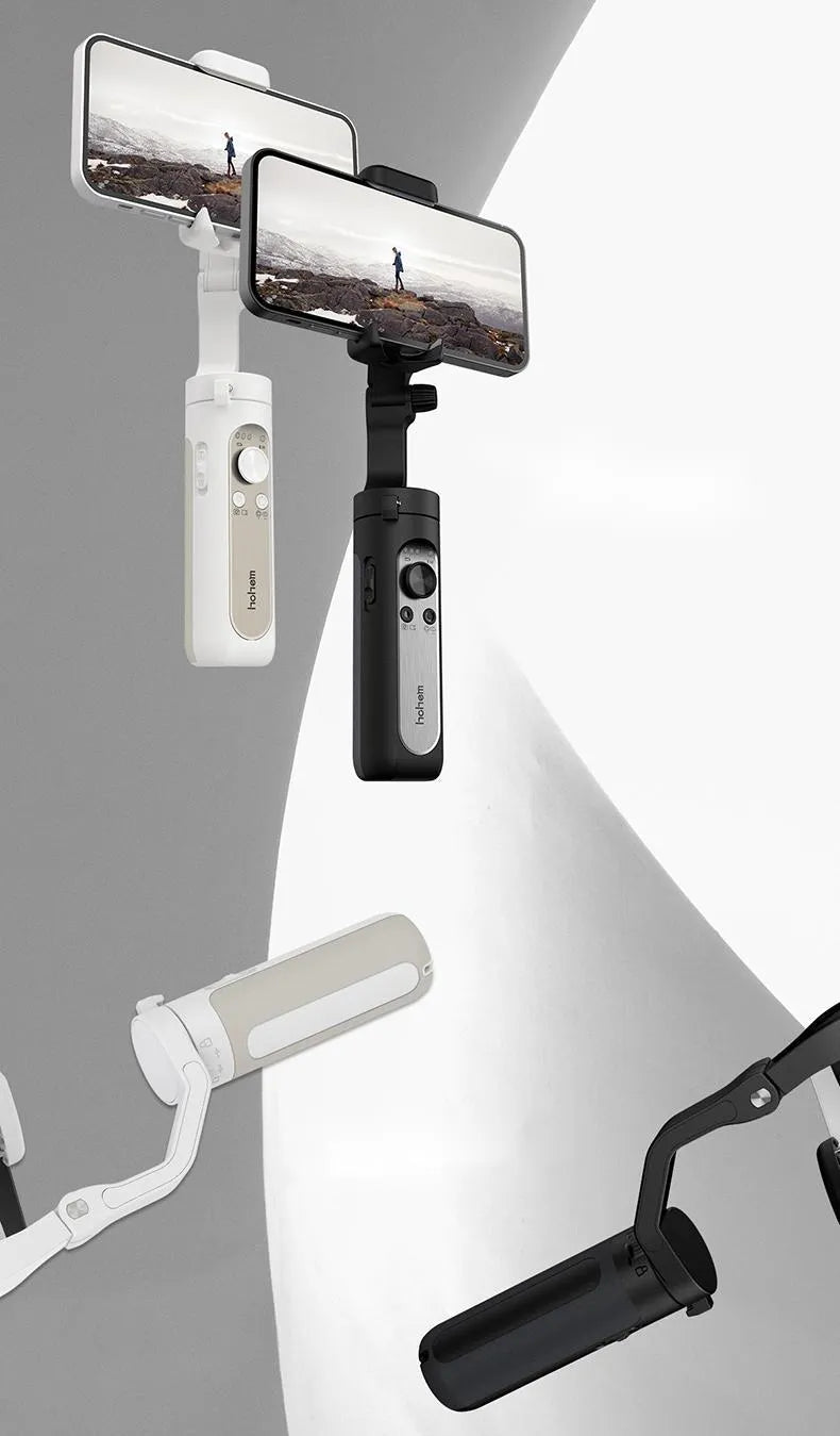 Black 3-axis mobile phone gimbal stabiliser shown in folded position