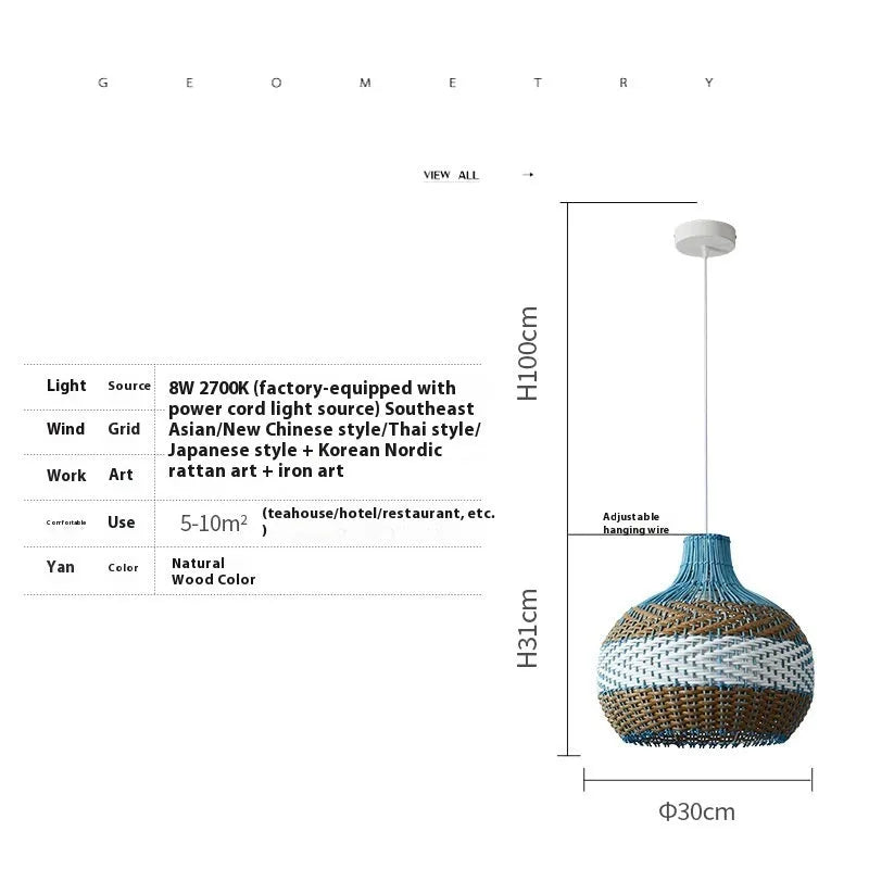 Natural rattan woven pendant lamp with Southeast Asian style design in choice of diameters