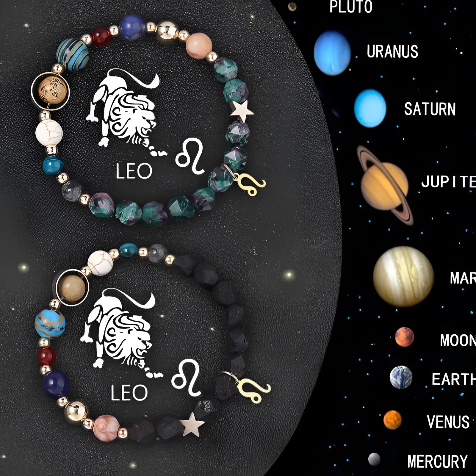 Two adjustable natural stone beaded bracelets with small metal zodiac charms on a woven thread.