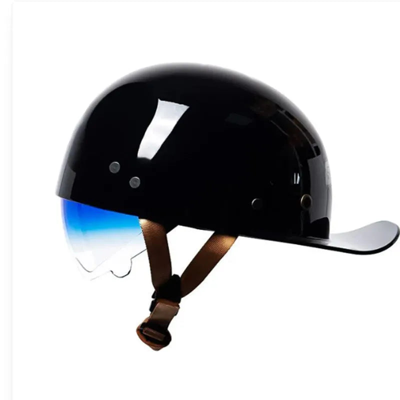 Men's retro half helmet for electric bikes in bright black with a blue gradient lens.