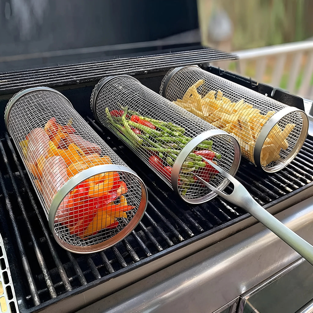 Stainless steel rolling barbecue grill basket with mesh cylinder for cooking vegetables and meatballs