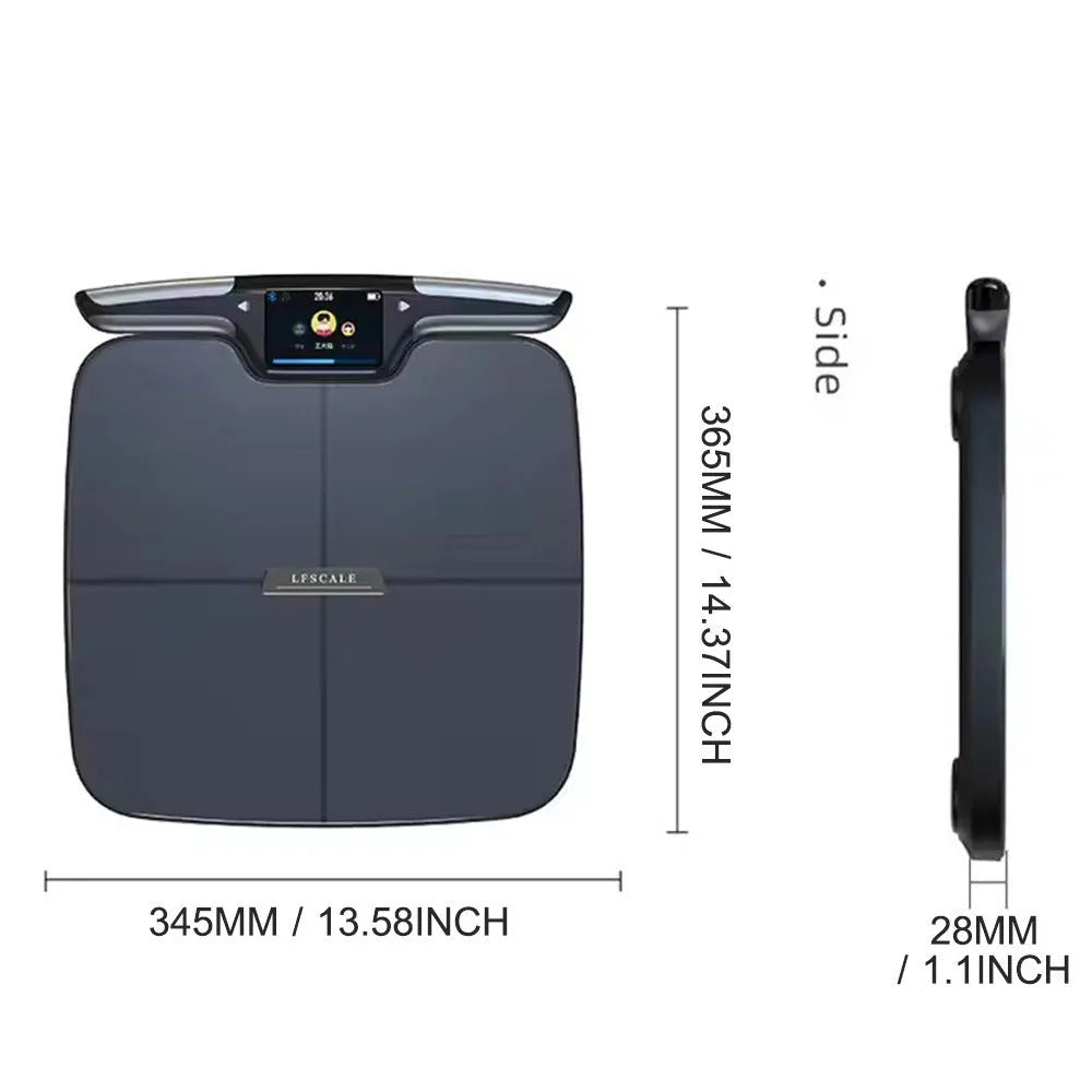 Black eight-electrode body fat intelligent weighing scale on a bathroom floor