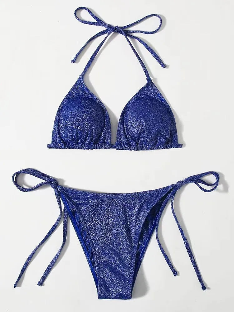 Women's split bandage style bikini swimsuit with halterneck top and briefs bottom in multiple colour options