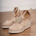 Women's apricot casual wedge sandals with suede upper, buckle closure, and rubber sole