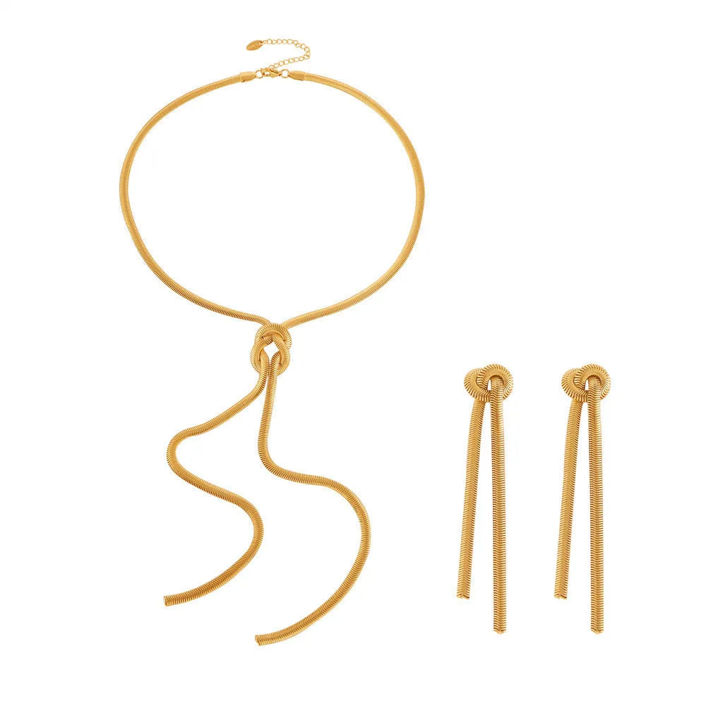 Gold knotted tassel snake chain long necklace and matching earrings set for women