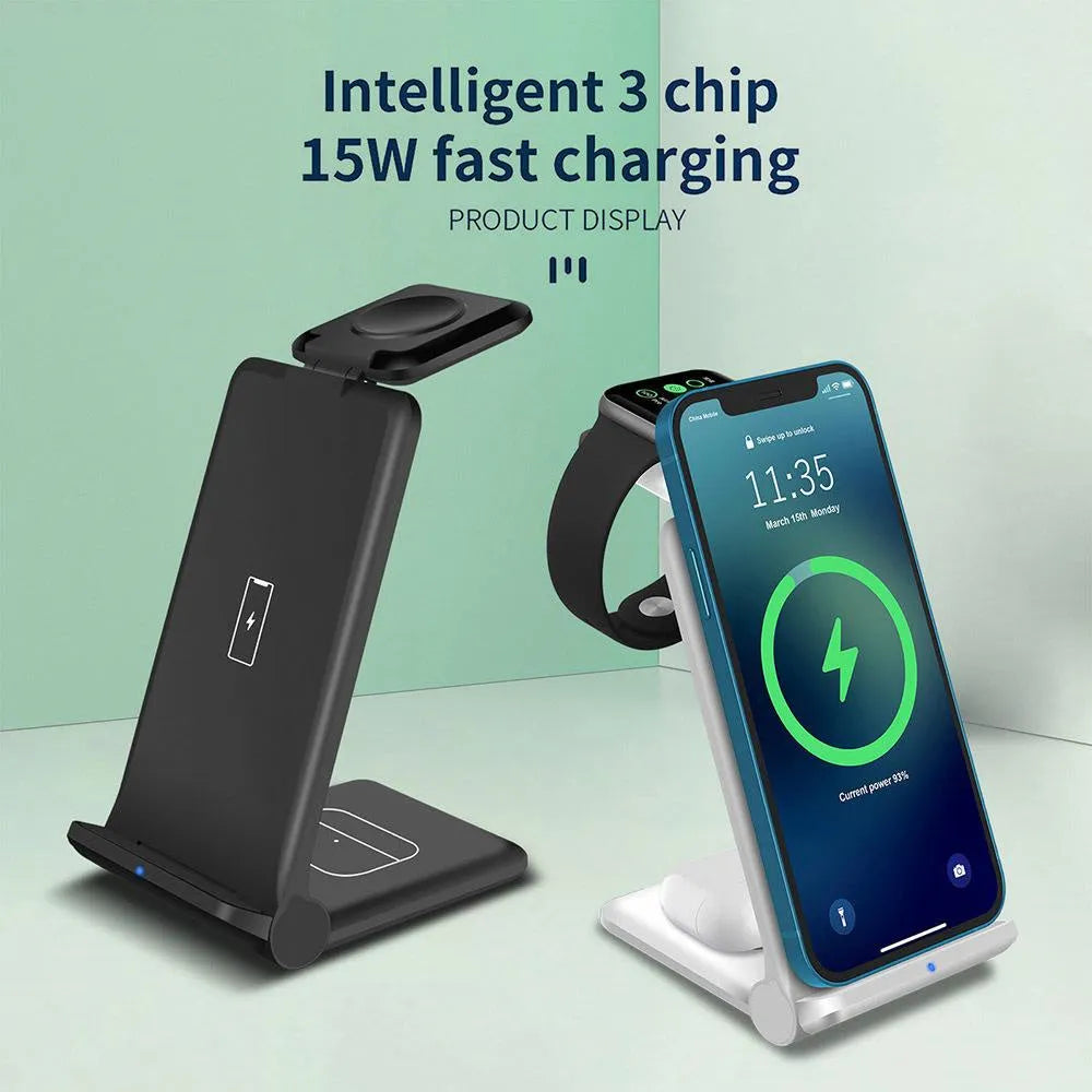 Black foldable 3-in-1 wireless charging station charging iPhone, Samsung phone and Apple Watch simultaneously