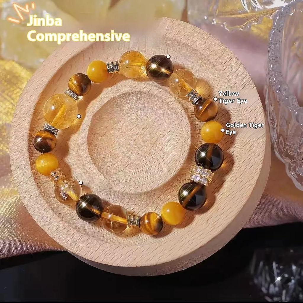 Handmade yellow crystal beaded bracelet with 10mm tower string beads on wrist