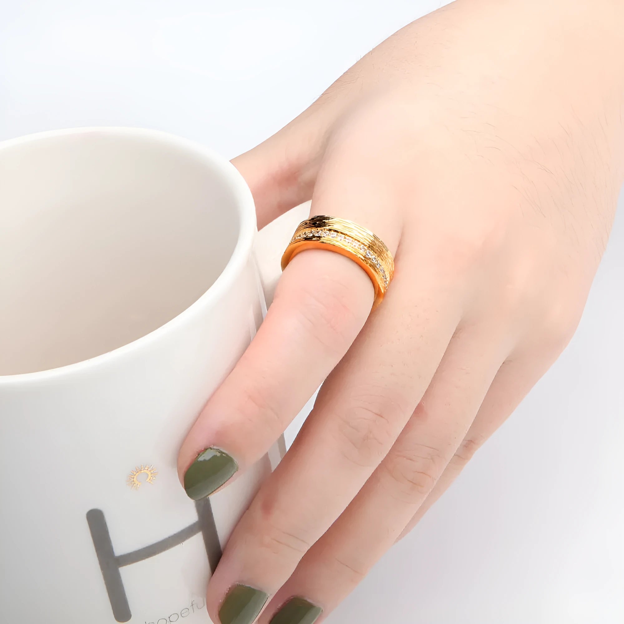 Women's gold geometric zircon ring on copper band, UK sizes 6-8