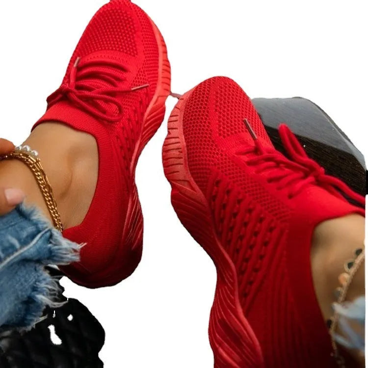 Women's white chunky sole sporty sneakers, also available in red, blue, black, khaki, grey, pink, and light blue.