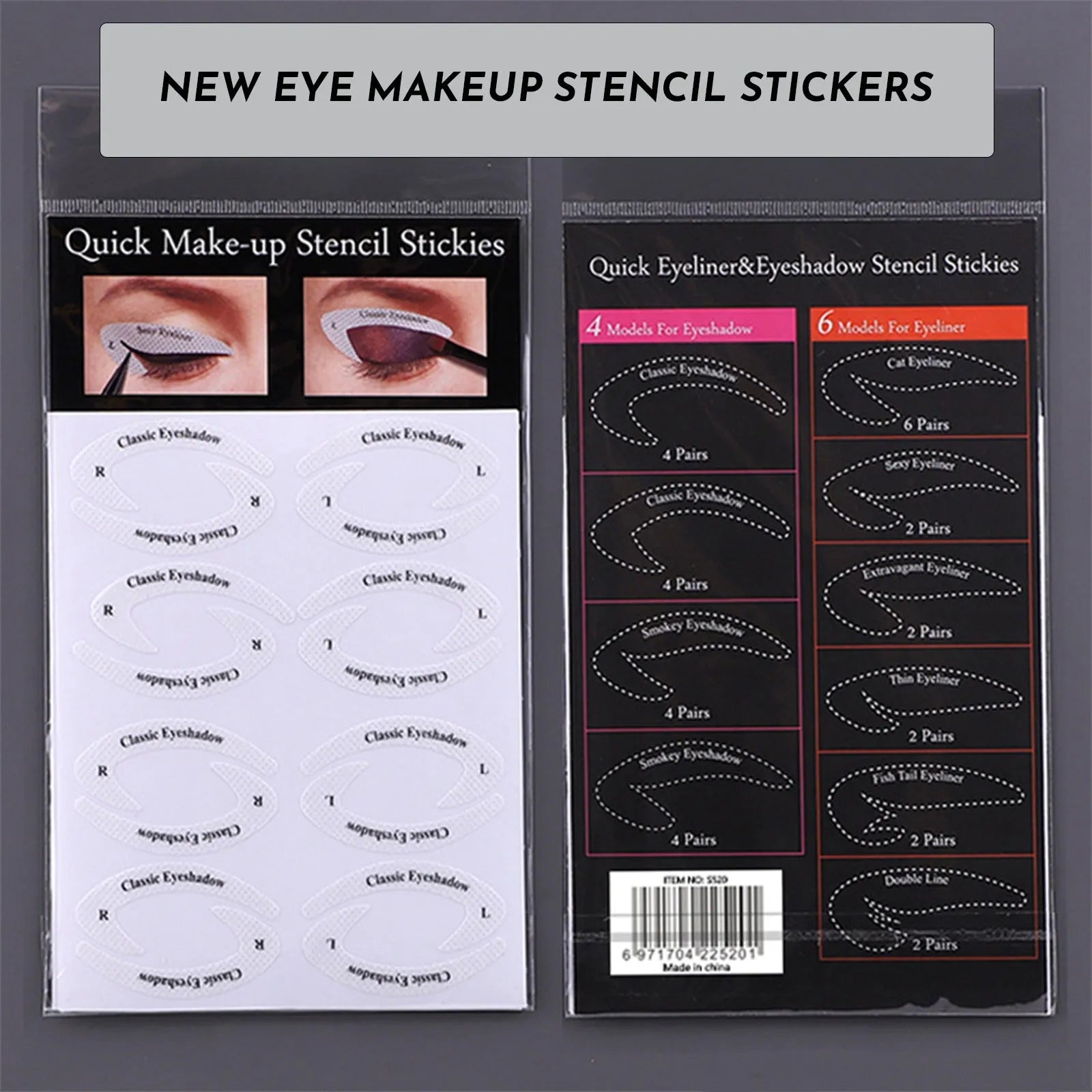 Set of four reusable flexible eyeliner sticker makeup templates on a pink background.