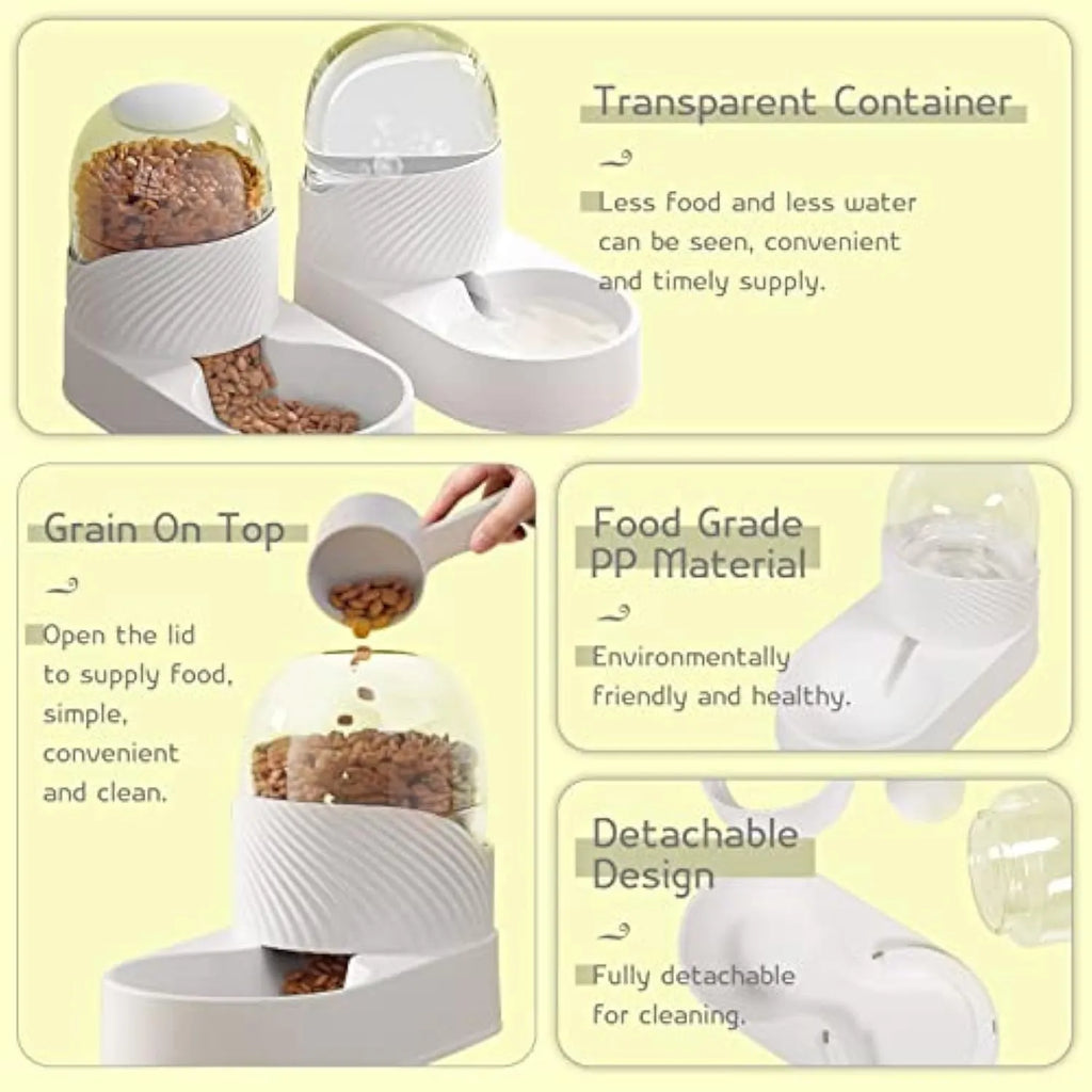 White automatic cat feeder and water dispenser set with wave-shaped design