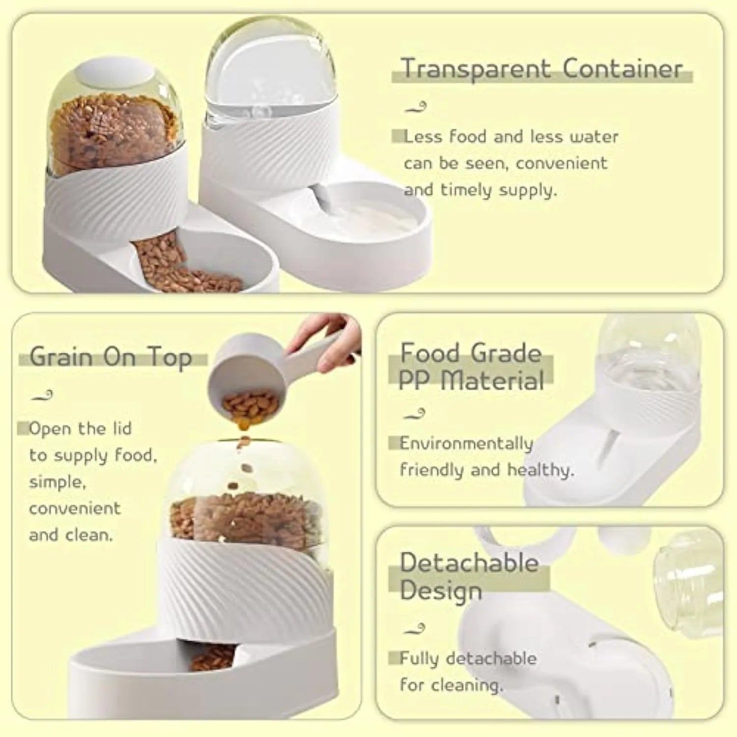White automatic cat feeder and water dispenser set with wave-shaped design
