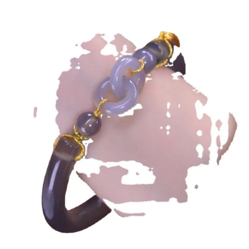 Women's smoke purple agate half bracelet with ring buckle in grey retro style