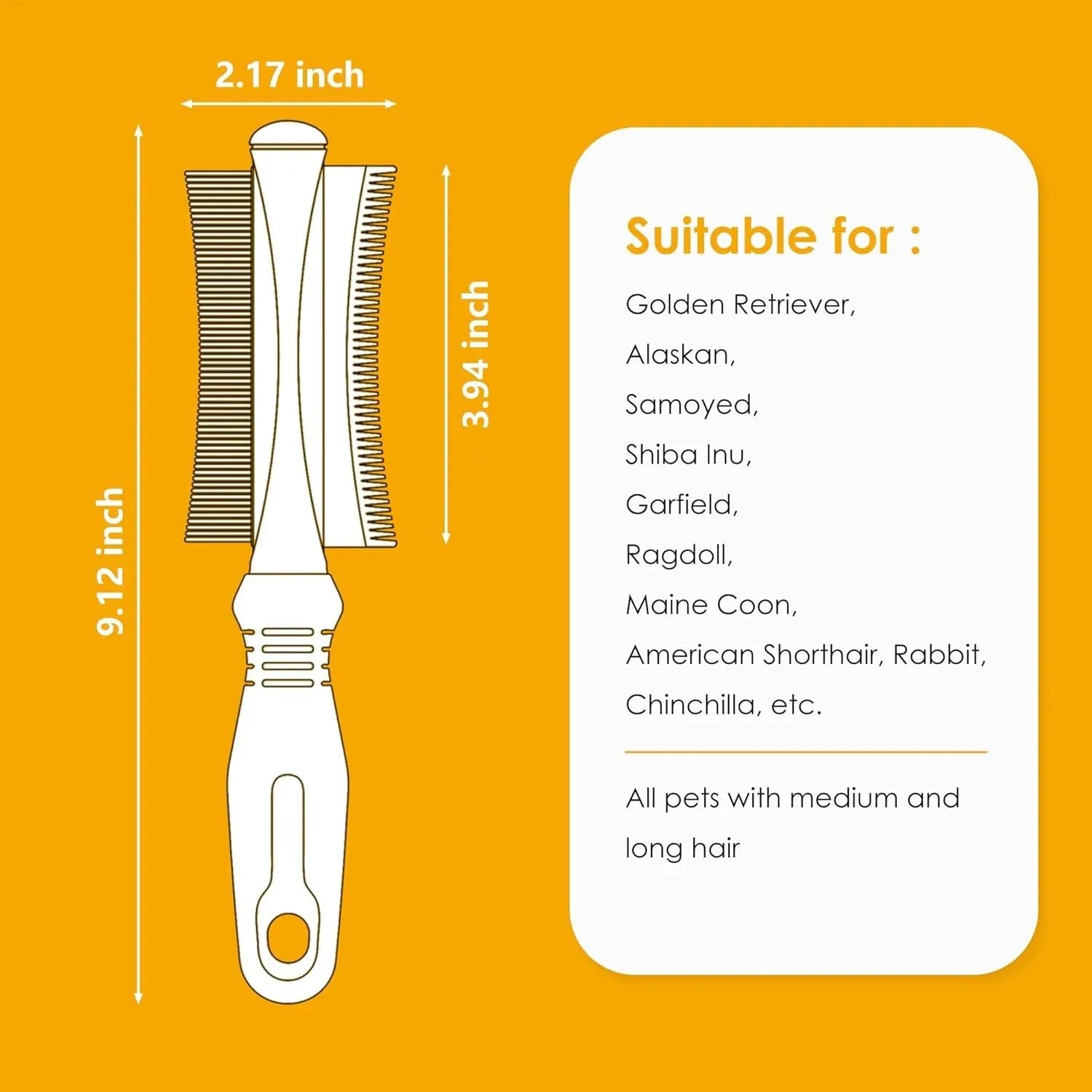White double-sided dog and cat deshedding brush with curved comb and ergonomic handle