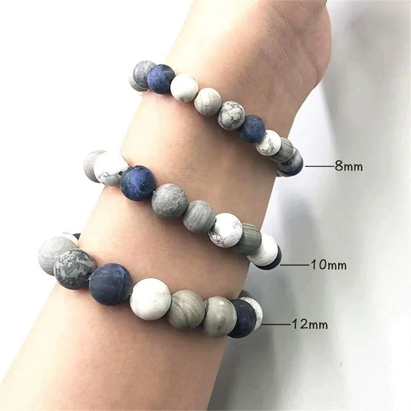 Handmade unisex U-shaped bracelet with natural planet stone beads in 8mm, 10mm, or 12mm sizes.