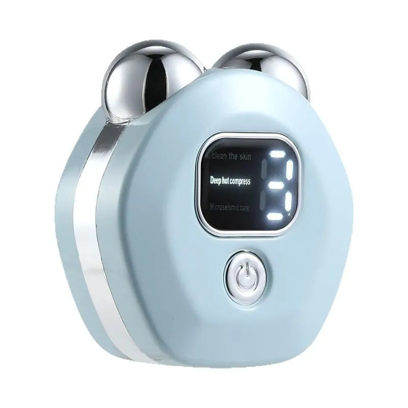 Portable white, light blue, or pink hot compress and micro current facial massage instrument with double rollers.