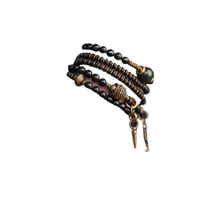 Black geometric beaded bracelet with multi-layered retro design