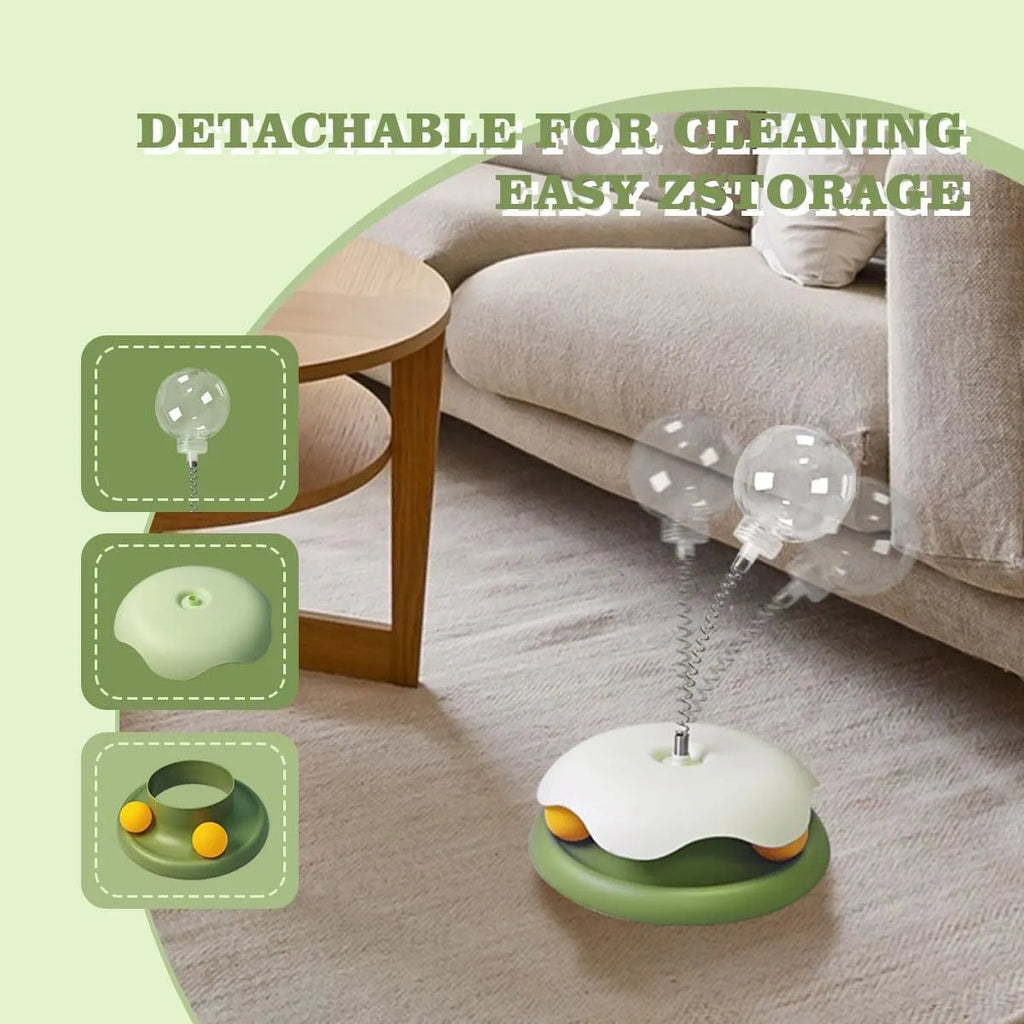 Blue and green PP plastic cat treat dispenser toy with track ball, shown dismantled