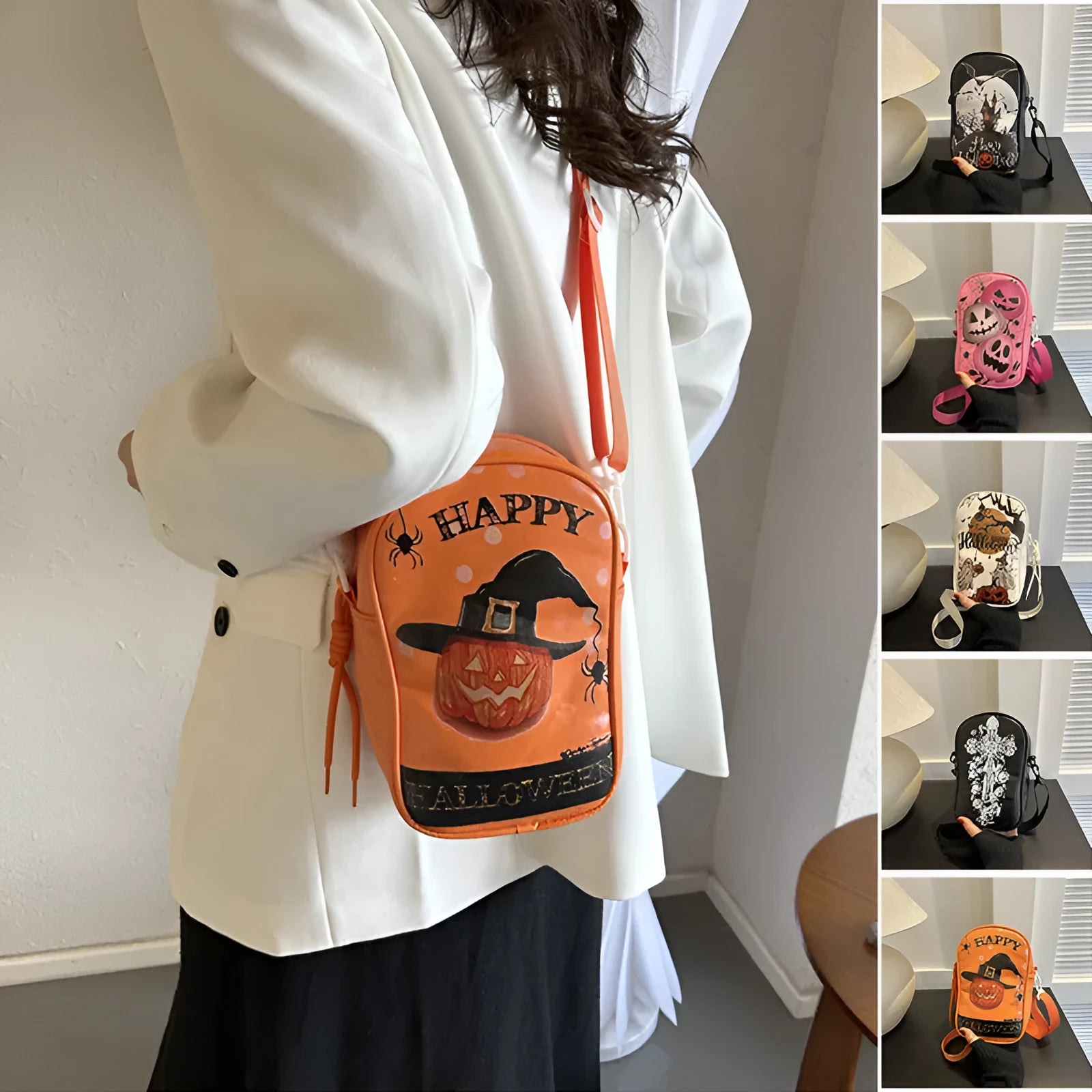 Women's black mini crossbody bag with orange Halloween pumpkin graffiti print.