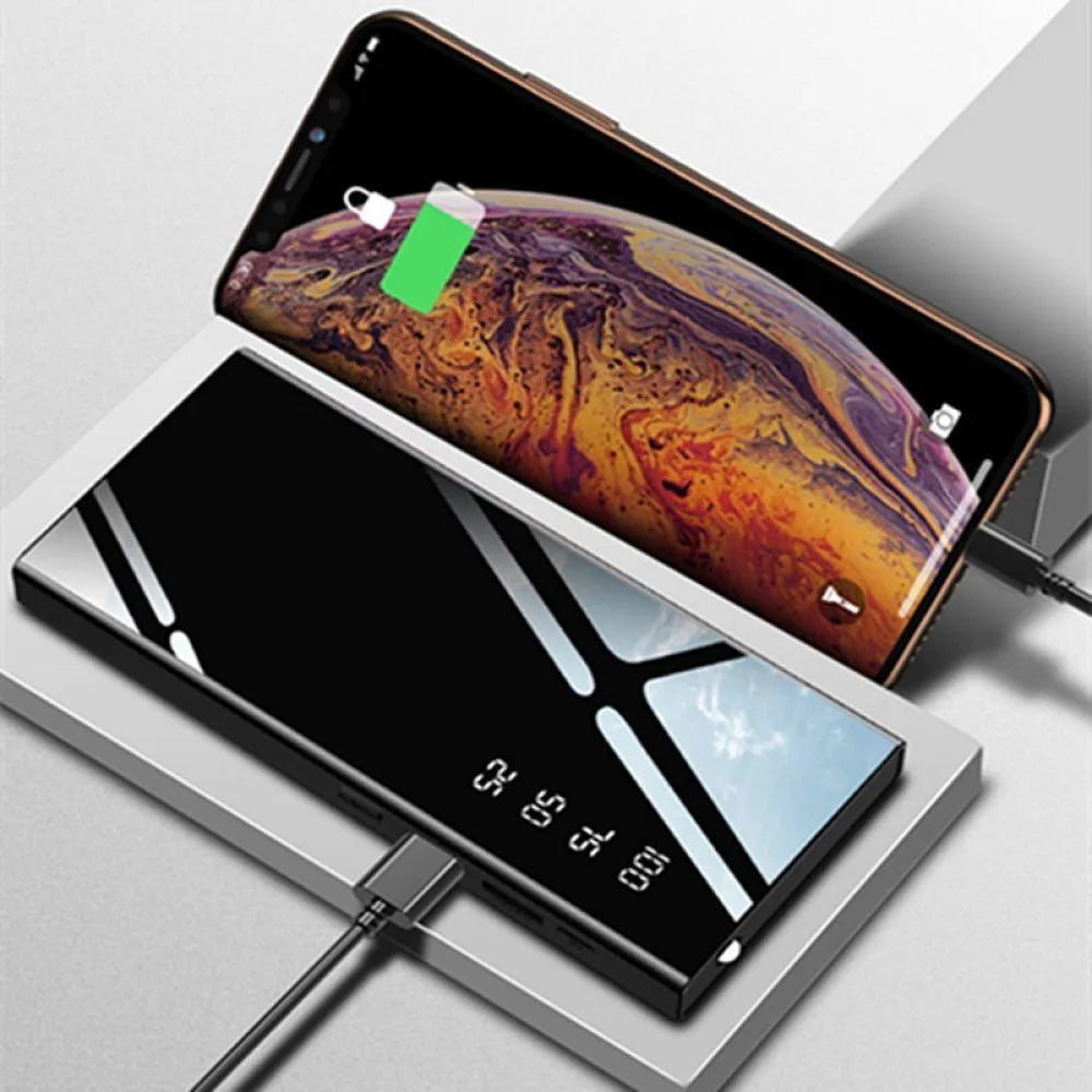 Black 20000mAh power bank with LCD display showing battery level and two USB ports