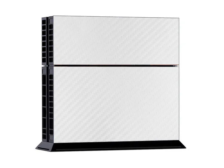 PS4 console with applied carbon fibre pattern vinyl skin in black, showing full coverage.
