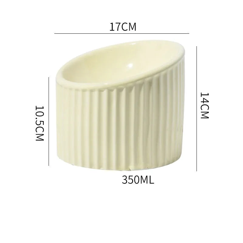 Dark green, light green or yellow ceramic elevated cat bowl with tilted round shape on raised base