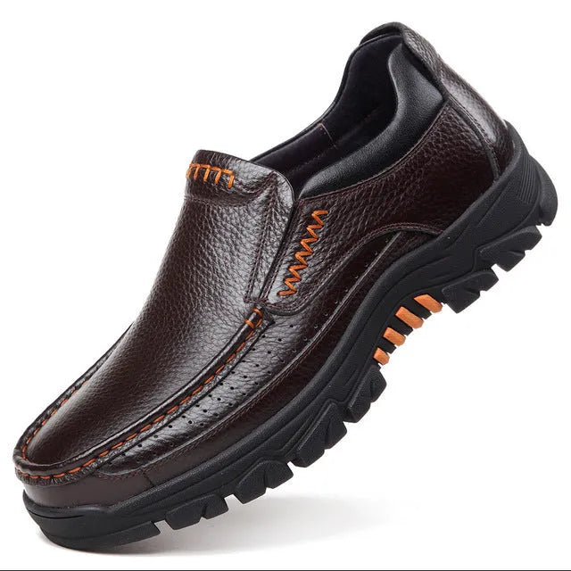 Men's black and brown genuine cowhide leather slip-on business casual shoes with rubber soles