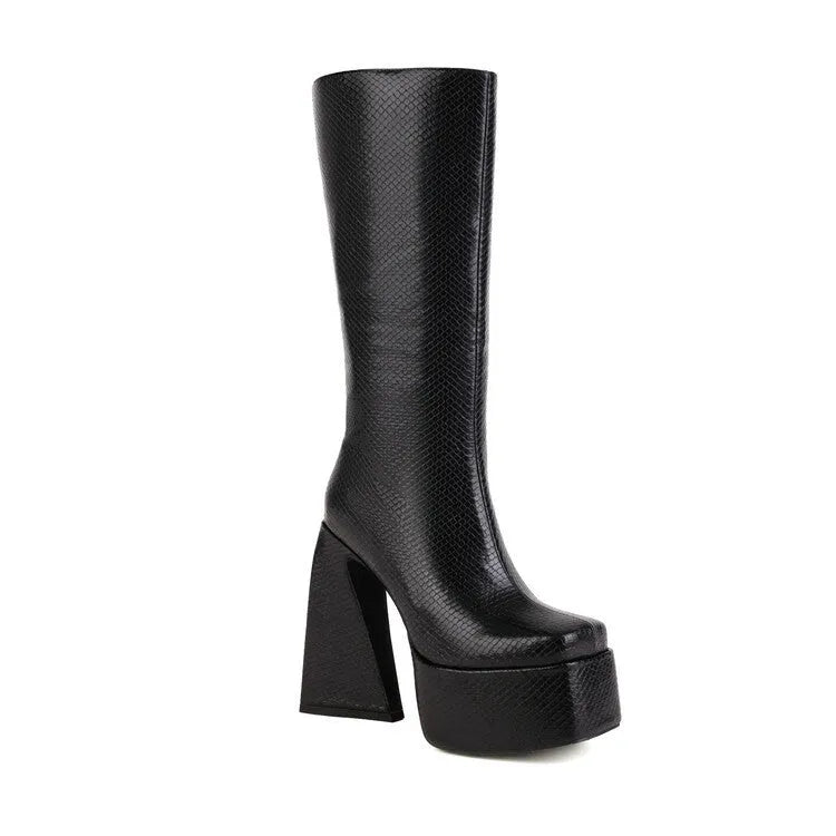 Women's casual high boots in black, red, blue, and white, made from synthetic PU.