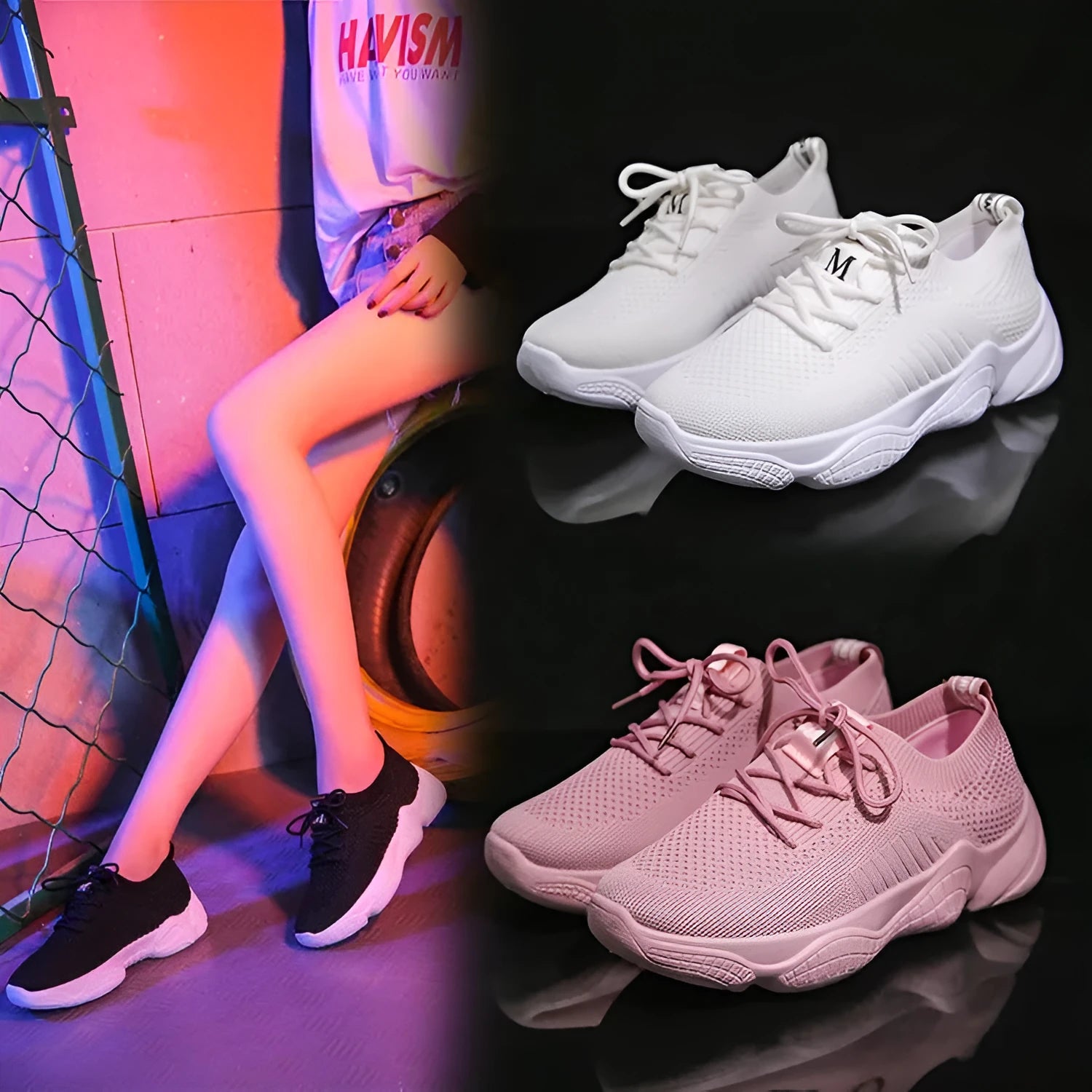 Women's white thick-soled sports shoes with a woven upper and front strap in a candy colour.