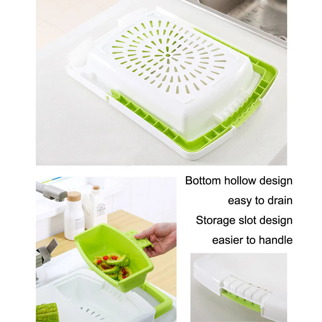 Green multi-function kitchen cutting board with integrated draining basket mounted on sink edge