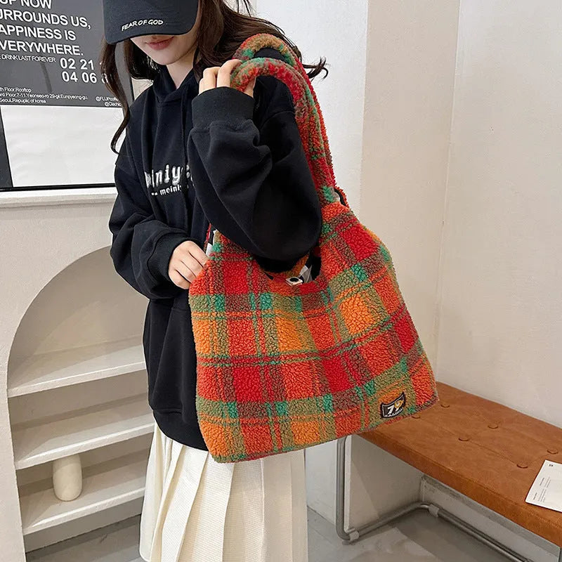 Women's plaid crossbody tote bag in Army Green with horizontal square shape and soft plush material