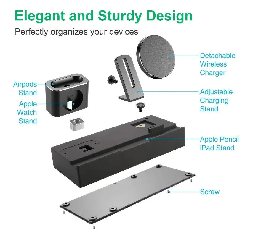 Black eight-in-one wireless charging station with five USB ports and aluminium charging pad
