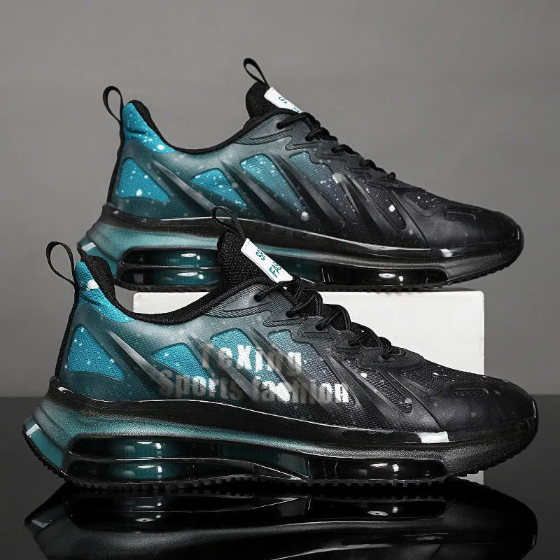 Men's black and green heightened casual shoes with a platform sole and mesh upper.