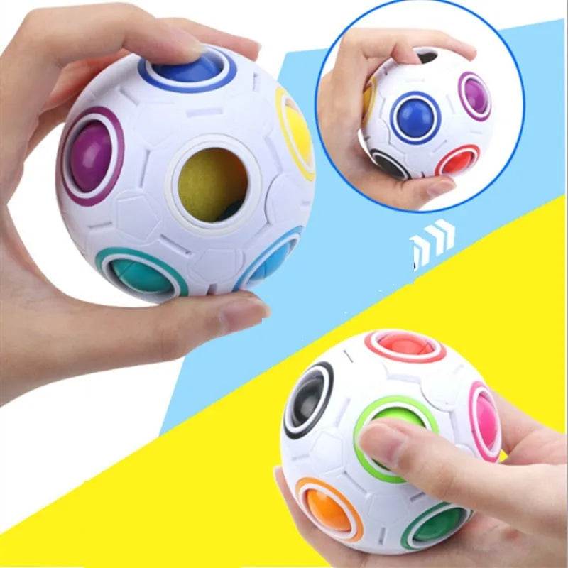 7cm diameter rainbow coloured plastic ball puzzle with visible internal coloured balls.