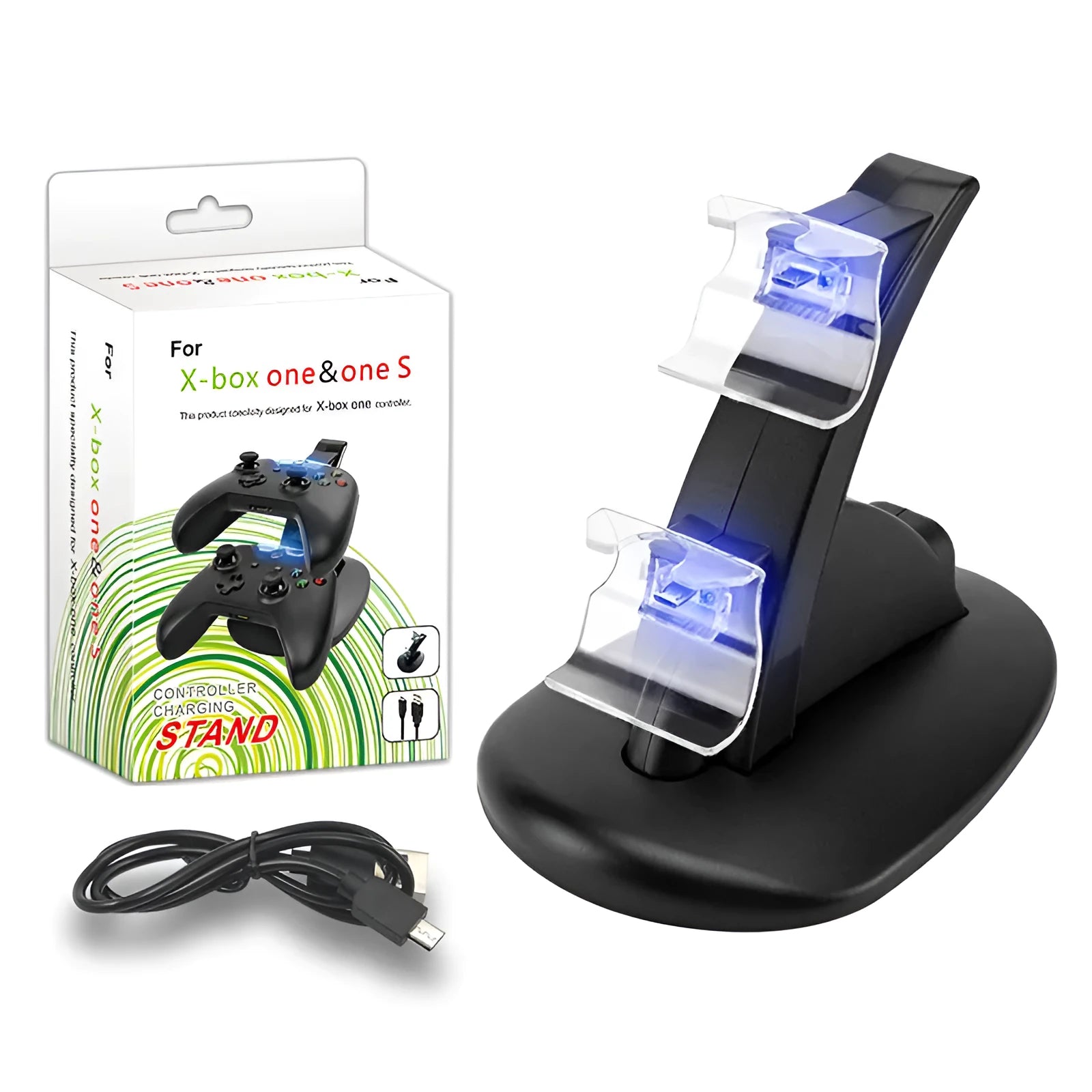 Black Xbox One dual controller charging stand with USB connection measuring 150mm wide