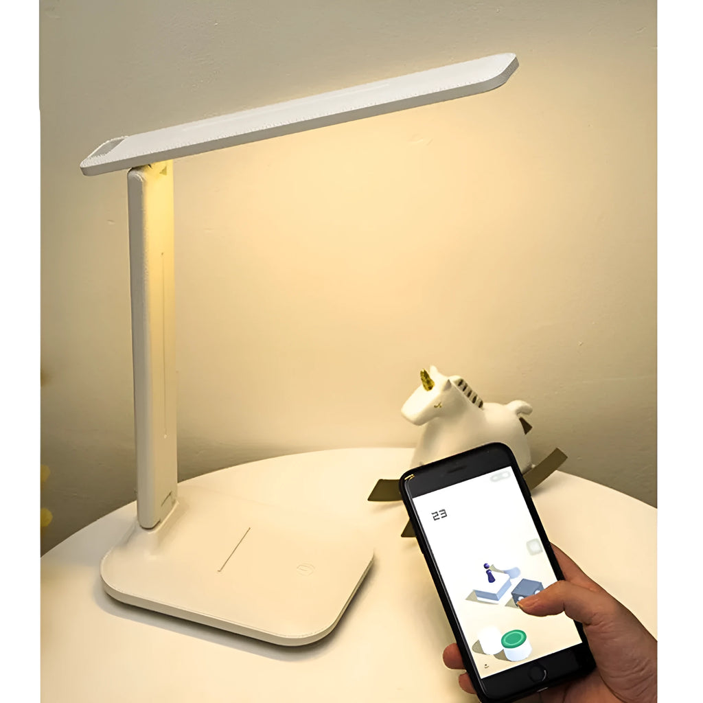 White plastic bedside table lamp with touch dimming and USB charging port.