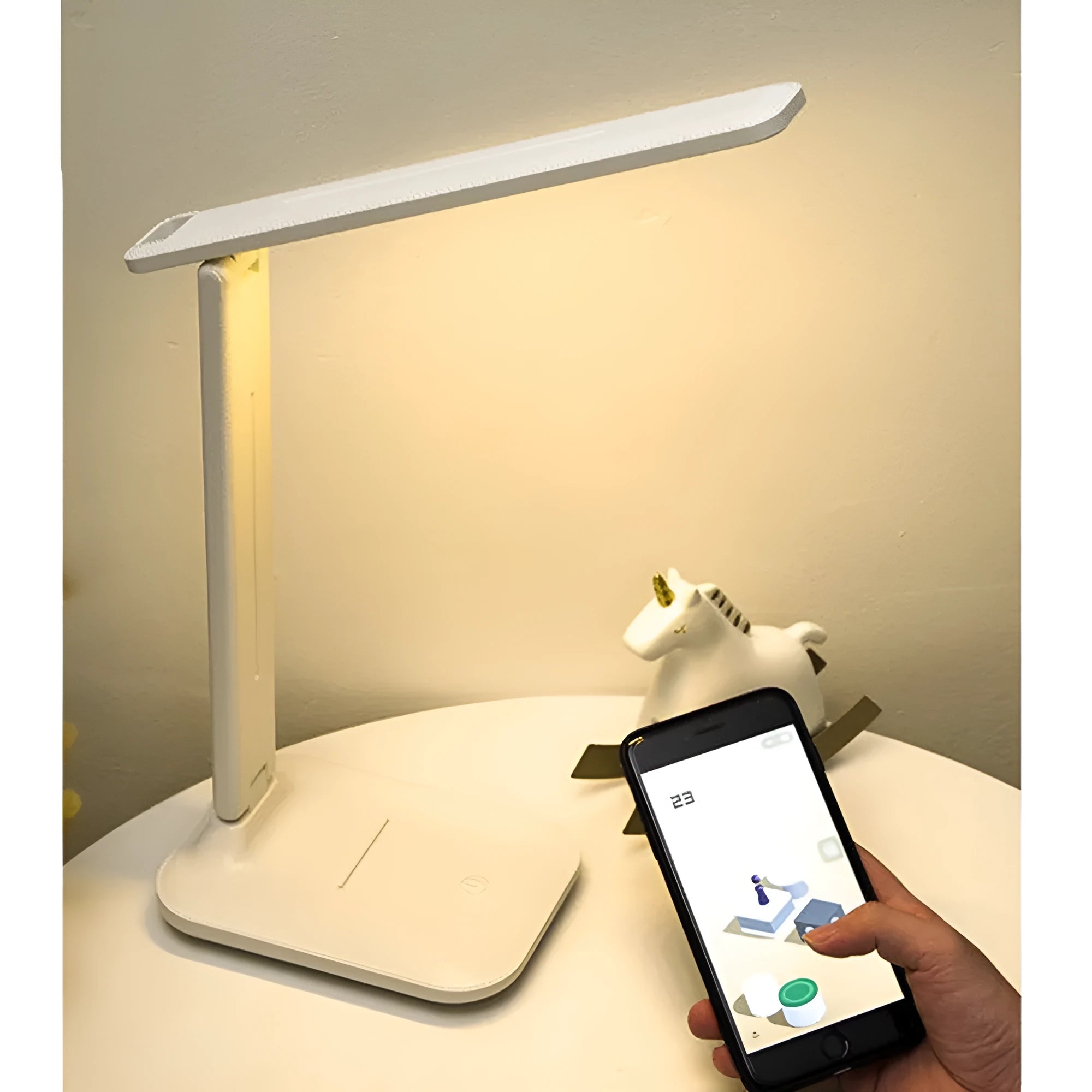 White plastic bedside table lamp with touch dimming and USB charging port.