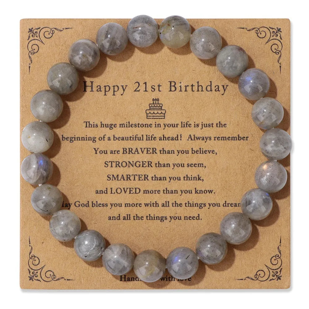 Men's natural stone bead elastic string bracelet in geometric circle style with birthday card