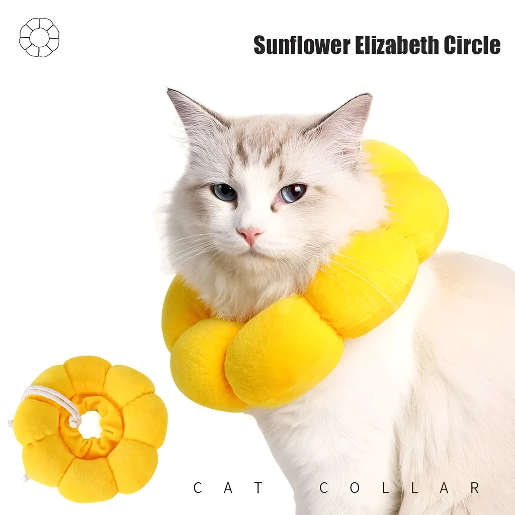 Soft white cotton pet protective collar for cats and dogs on a table, showing adjustable band and inner ring.