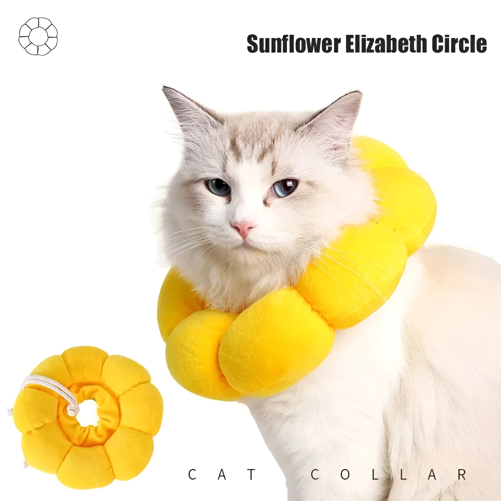 Soft white cotton pet protective collar for cats and dogs on a table, showing adjustable band and inner ring.