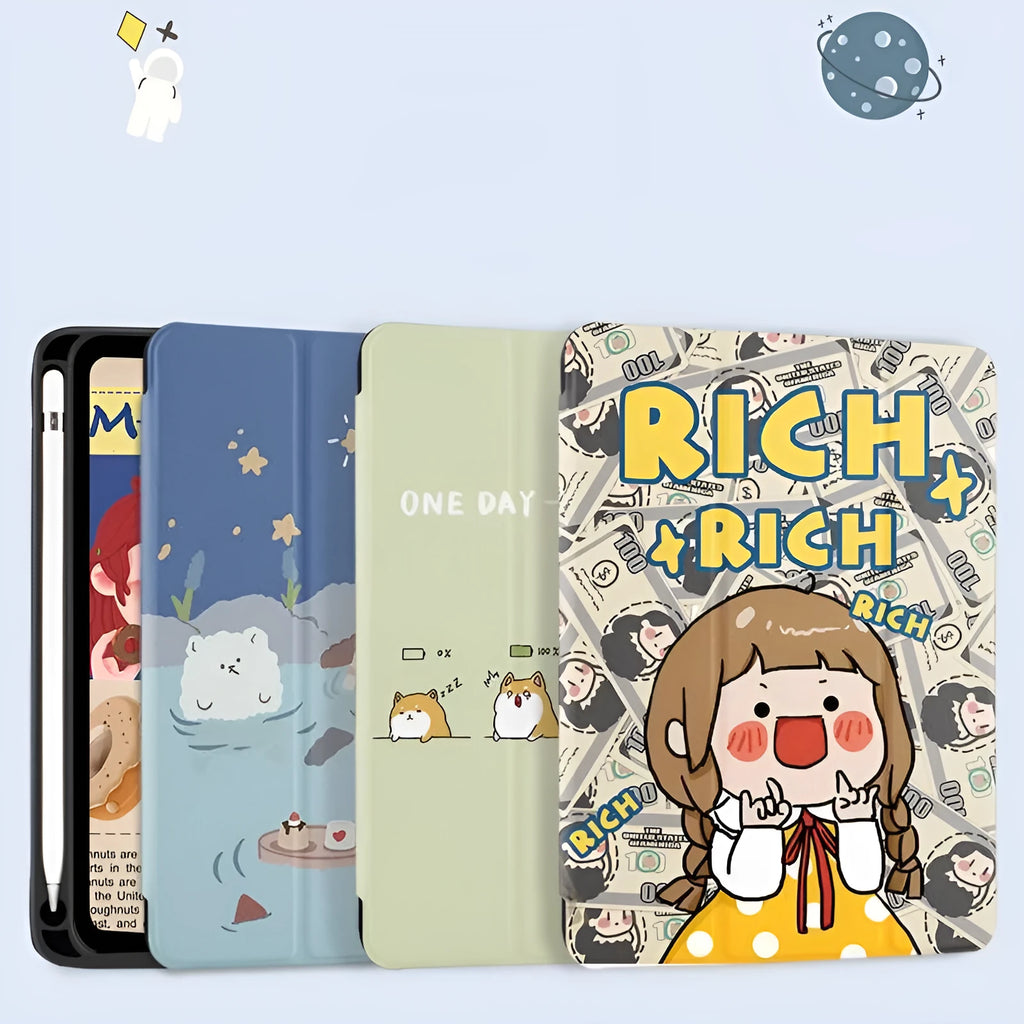 Tri-fold silicone cartoon case for iPad 2017, 2018, Air 3, Pro and 2019 in imitation leather.